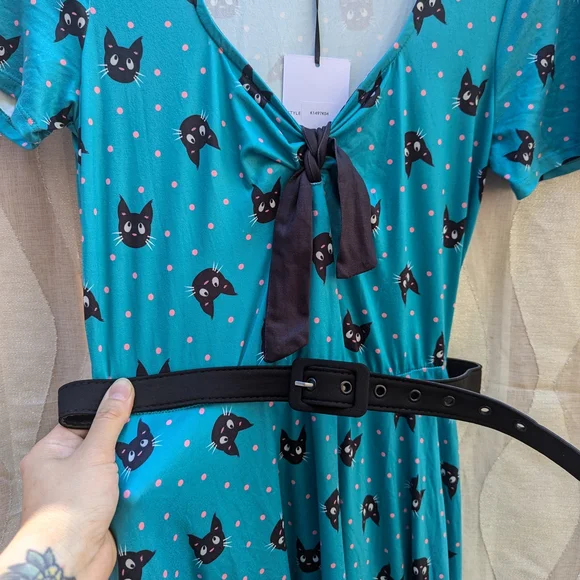 Unique Vintage Teal Cat Pattern Midi Dress - Picture 13 of 13